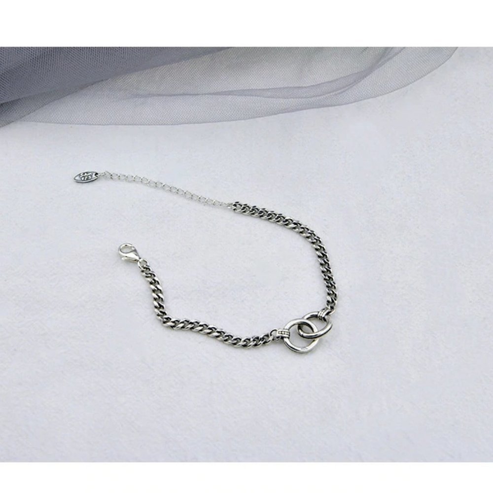 925 Sterling Silver Double Circle Chain Bracelet - Picture 6 of 8